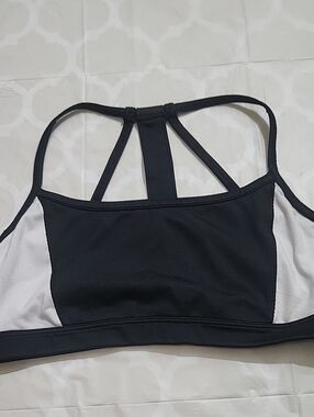 Athleta Black Strappy Racerback Sports Bra with White Panels